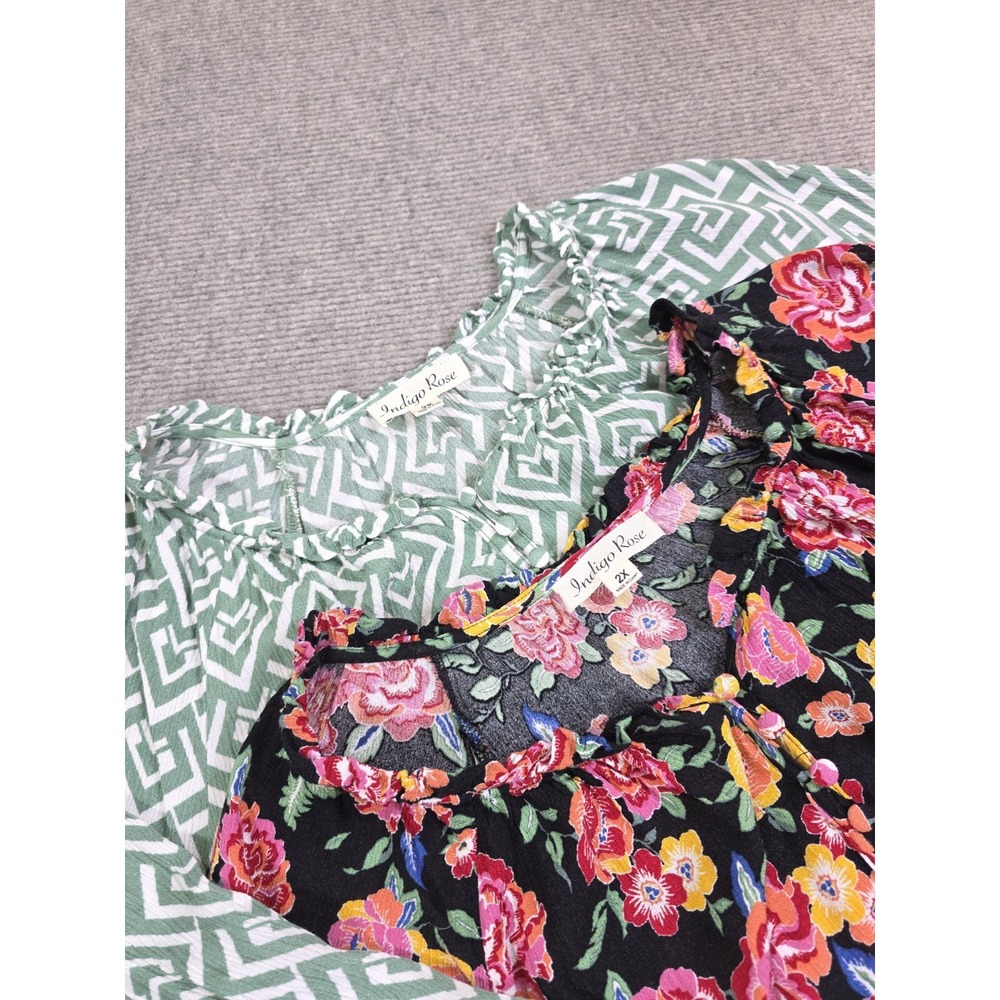 Indigo Rose Plus Size 2X Relaxed Peasant Style Ruffled Scoop Neck Lot Of 2 Tops